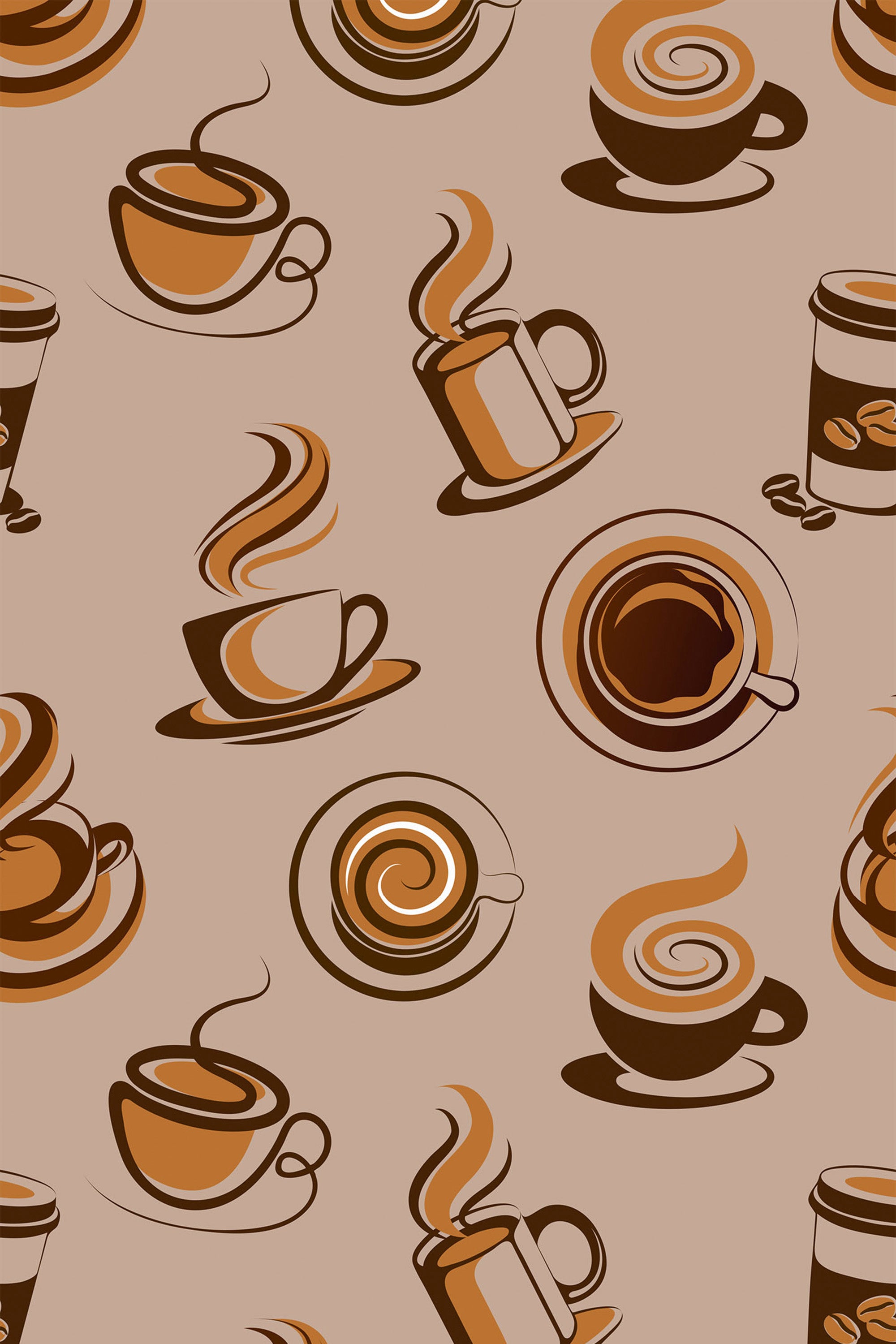 Illustration of various coffee cups and mugs with swirling steam in shades of brown and beige on a light brown background, creating a cozy cafe-inspired design. Peel and stick removable wallpaper.