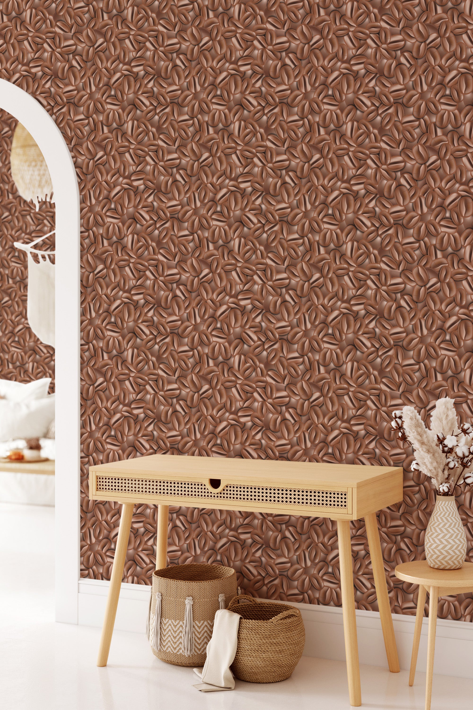 A wall covered with brown wallpaper that has a repeating coffee bean pattern, creating a warm and cozy atmosphere. The intricate design contributes to a classic and inviting ambiance, capturing the richness of coffee culture in a traditional wallpaper.