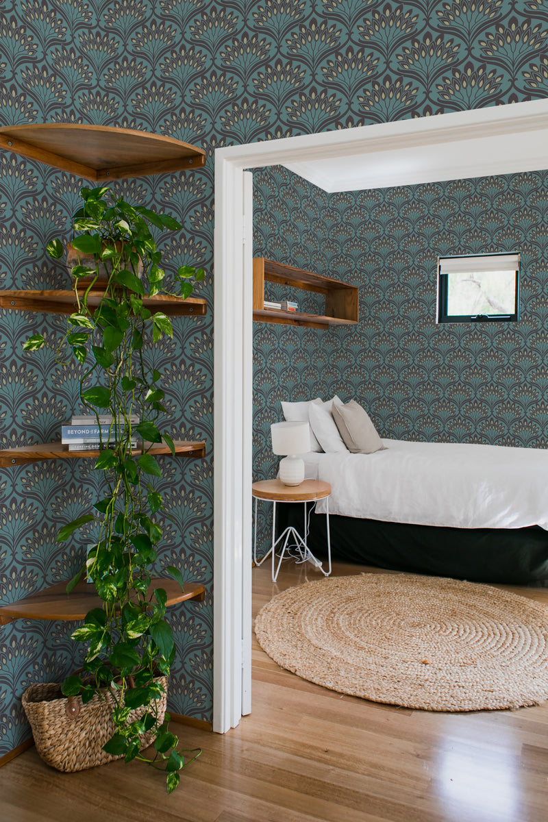 bedroom cozy interior green plants round carpet dark retro arch peel & stick wallpaper