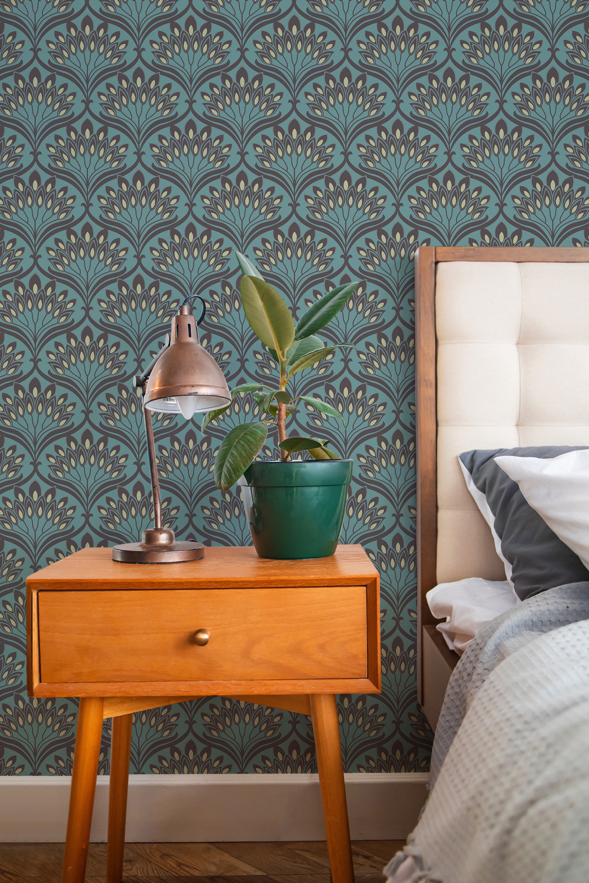 Self-adhesive wallpaper with a dark retro arch design in shades of teal and black, arranged in a symmetrical, repeating pattern of fan-like shapes. The wallpaper sets a vintage yet contemporary tone in the cozy bedroom space.
