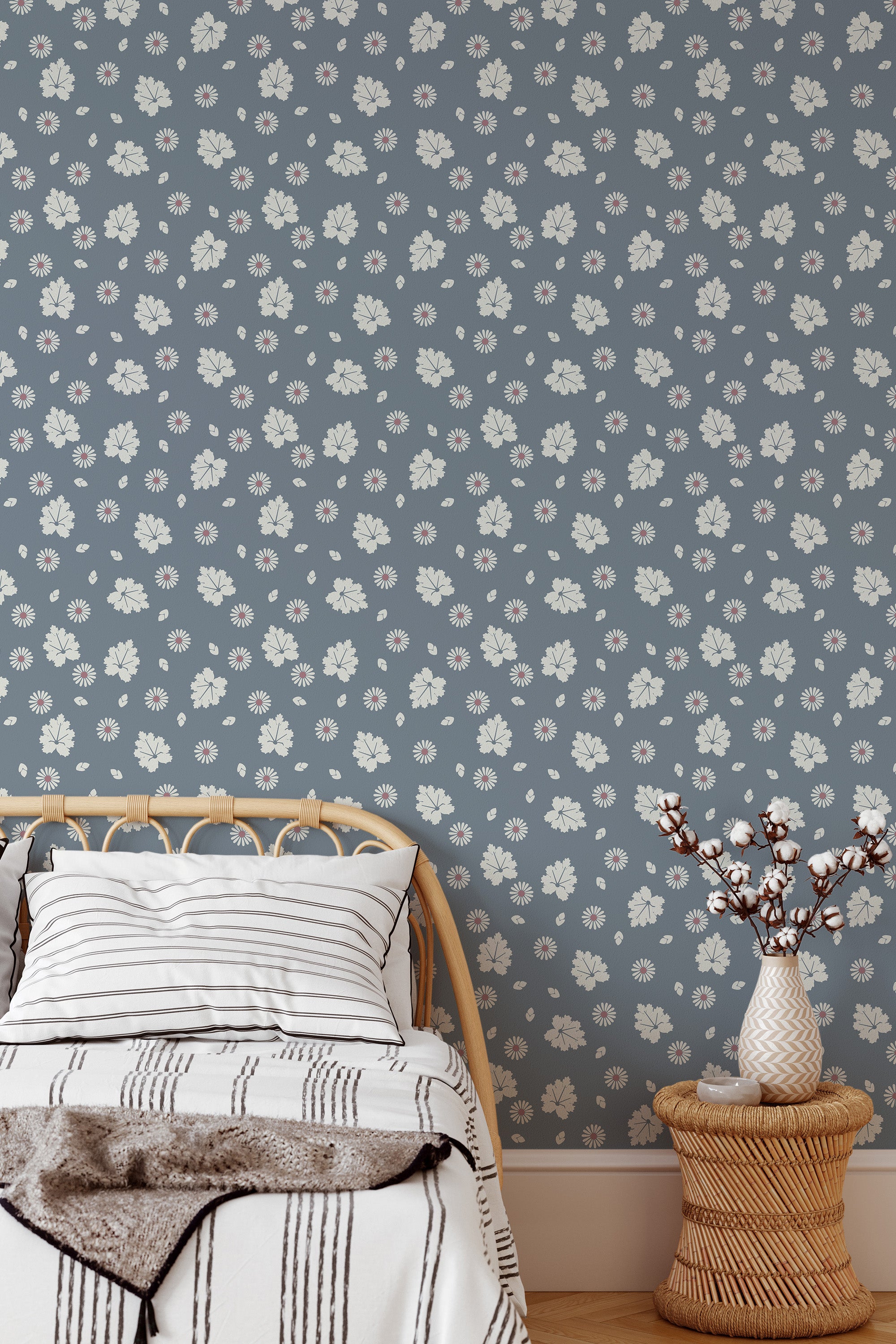 Self-adhesive wallpaper with a delicate flower farmhouse pattern on a muted blue-gray background, featuring small white and pink floral motifs scattered evenly.