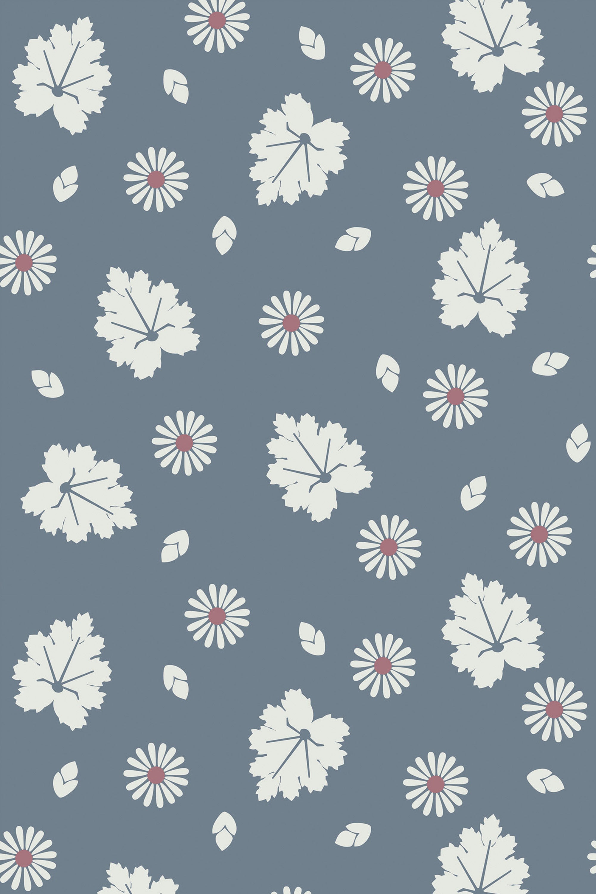 A farmhouse-style wallpaper design featuring white flowers and leaves scattered across a muted blue-gray background. Peel and stick removable wallpaper.