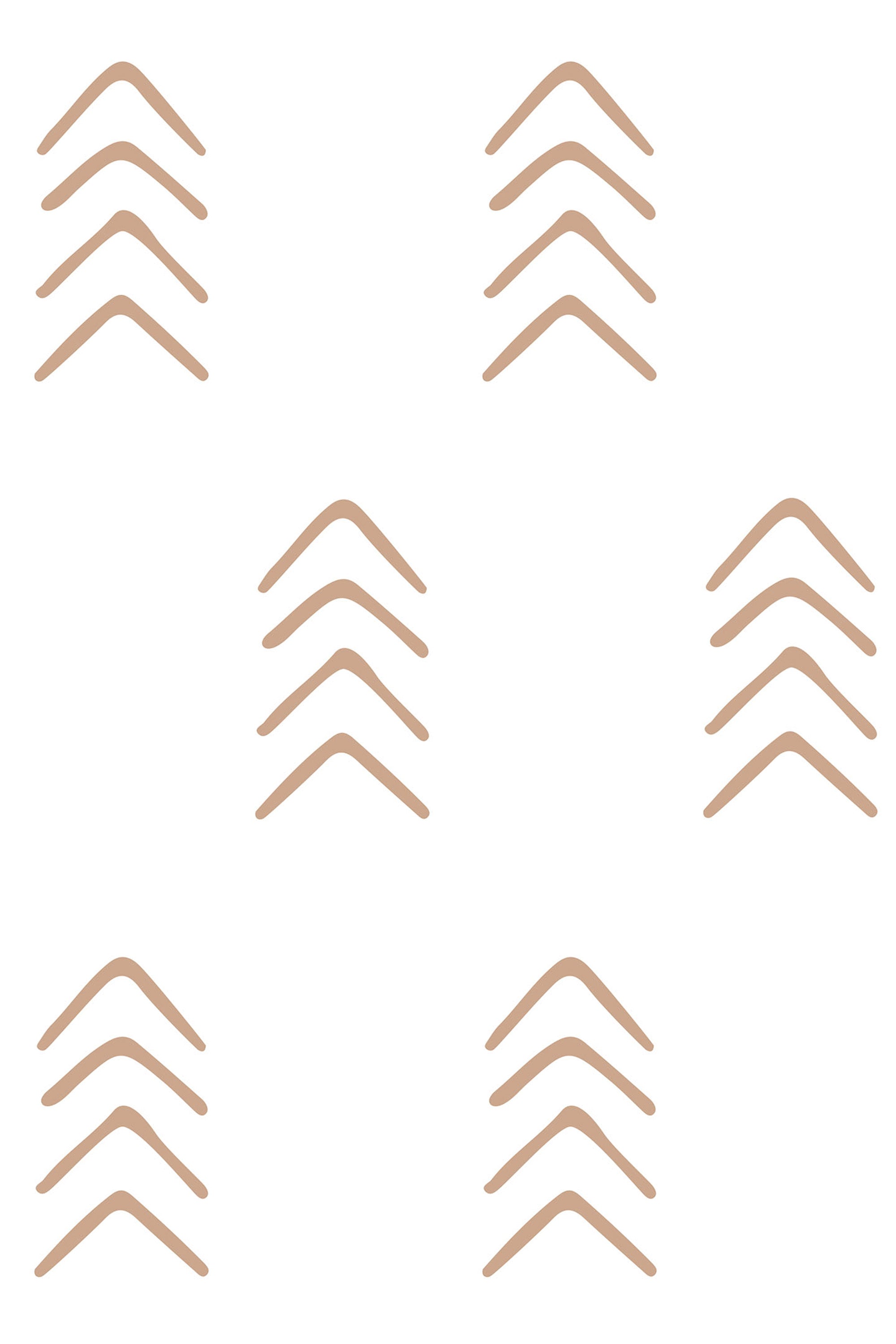 Simple arrow patterns arranged in a repeating design, with each arrow formed by three parallel lines in a warm beige color, evenly spaced on a white background. Peel and stick removable wallpaper.