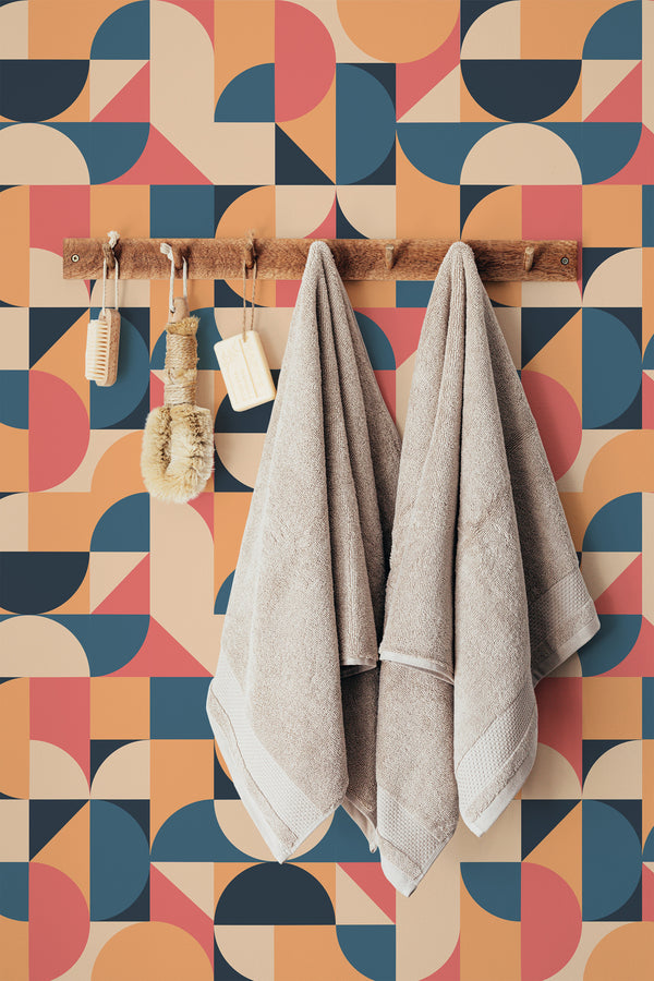 stick and peel wallpaper funky geometric shapes pattern bathroom brush soap towel accessory wall