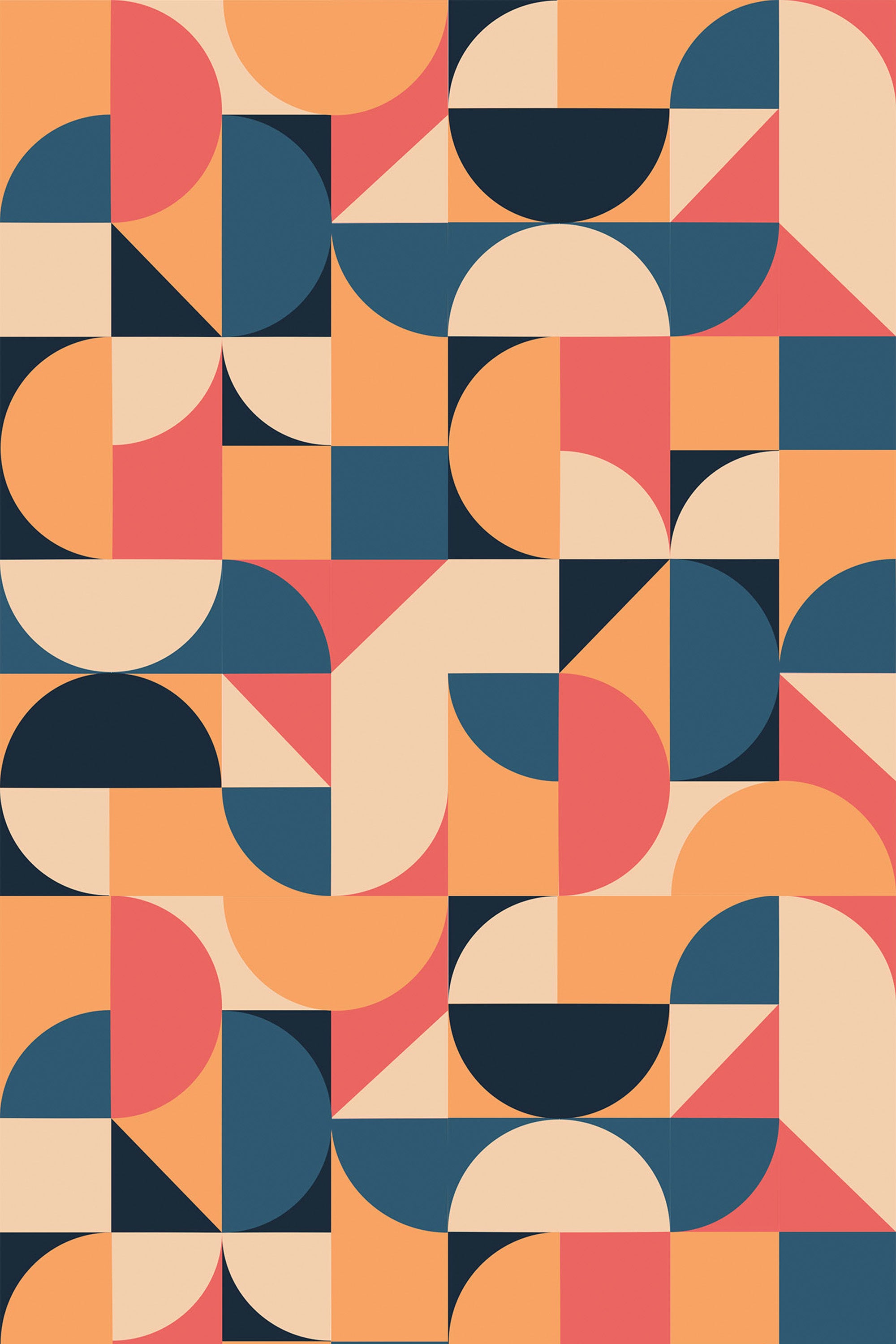 Geometric shapes in vibrant tones of orange, pink, navy blue, and beige arranged in a symmetrical pattern with curves, semi-circles, and triangles. Peel and stick removable wallpaper.