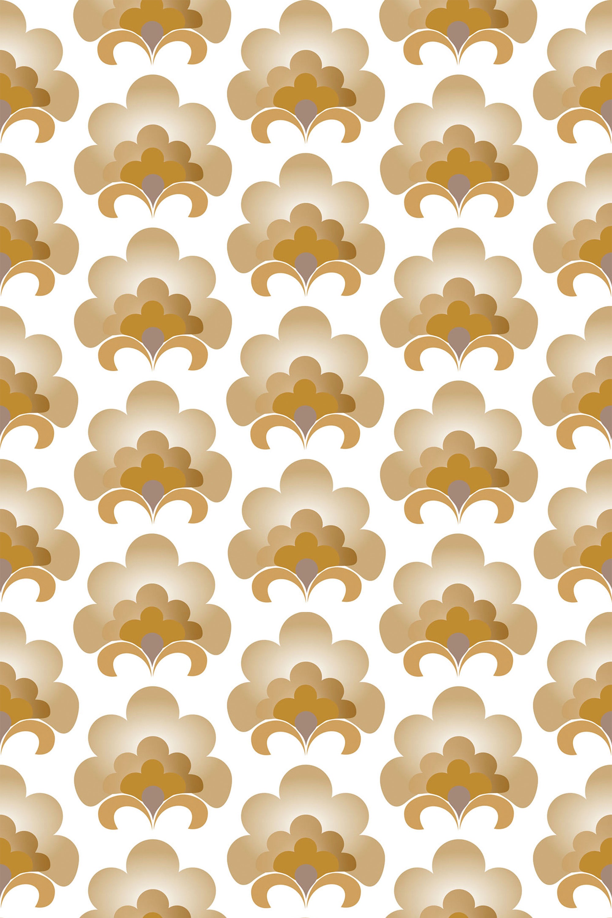 An art deco-inspired pattern in shades of gold and beige, with symmetrical floral motifs arranged on a white background, creating a modern yet nostalgic feel. Peel and stick removable wallpaper.