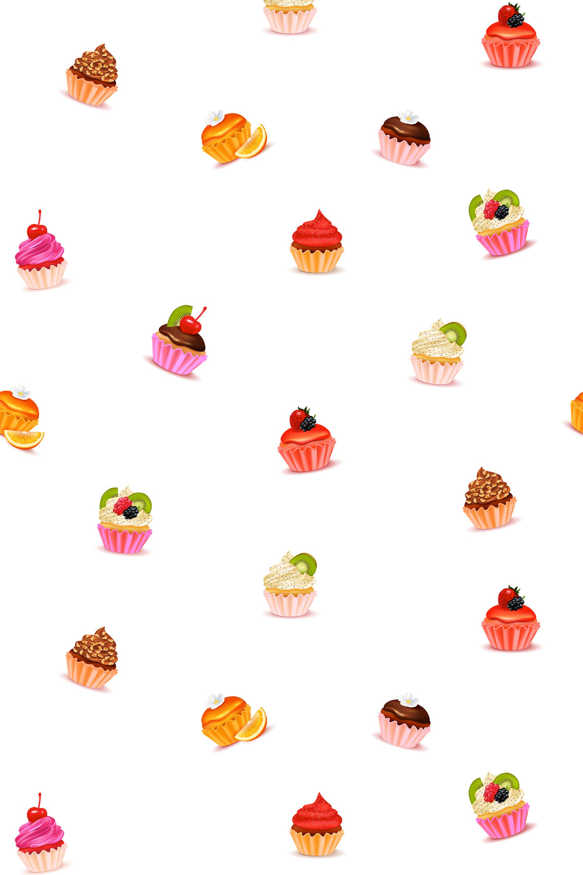 Cupcake-themed design with various colorful cupcakes spread across a white background, including cupcakes decorated with frosting, cherries, citrus slices, and berries, peel and stick removable wallpaper.