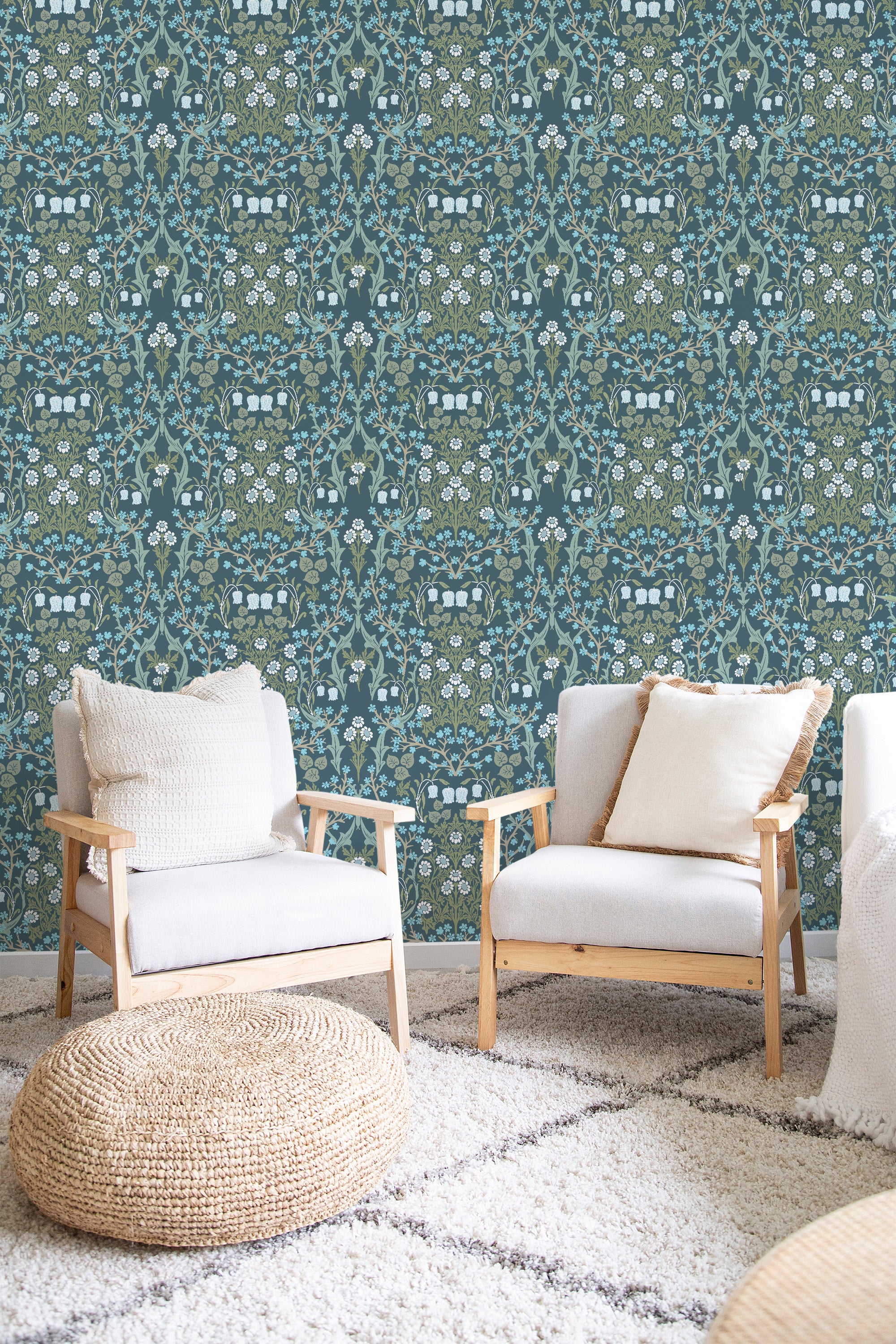Intricate wallpaper design inspired by Victorian gardens, with a pattern of symmetrical floral motifs, delicate vines, and soft green and blue hues, giving the room a classic and sophisticated ambiance. Traditional wallpaper.