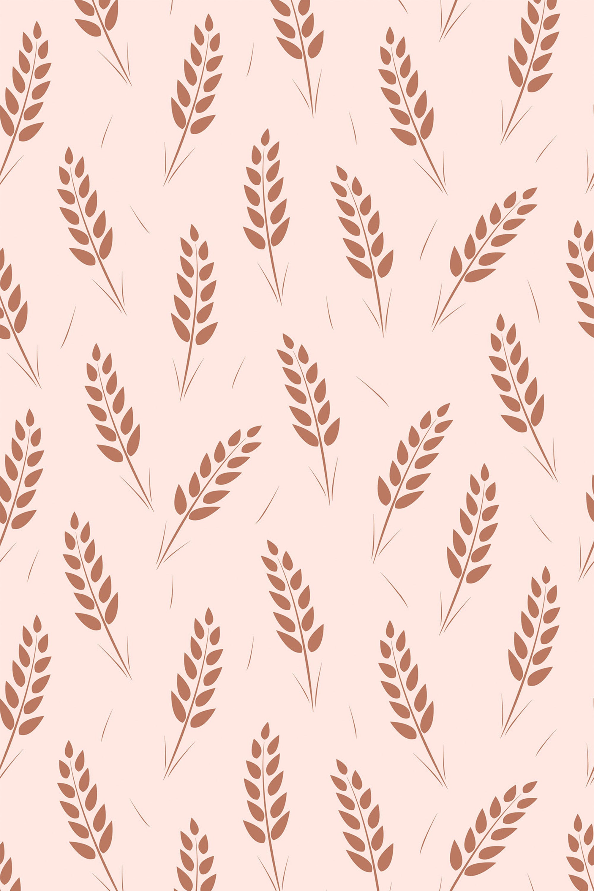 Simple wheat patterns in soft brown tones placed on a beige background, with graceful stalks arranged diagonally throughout. Peel and stick removable wallpaper.