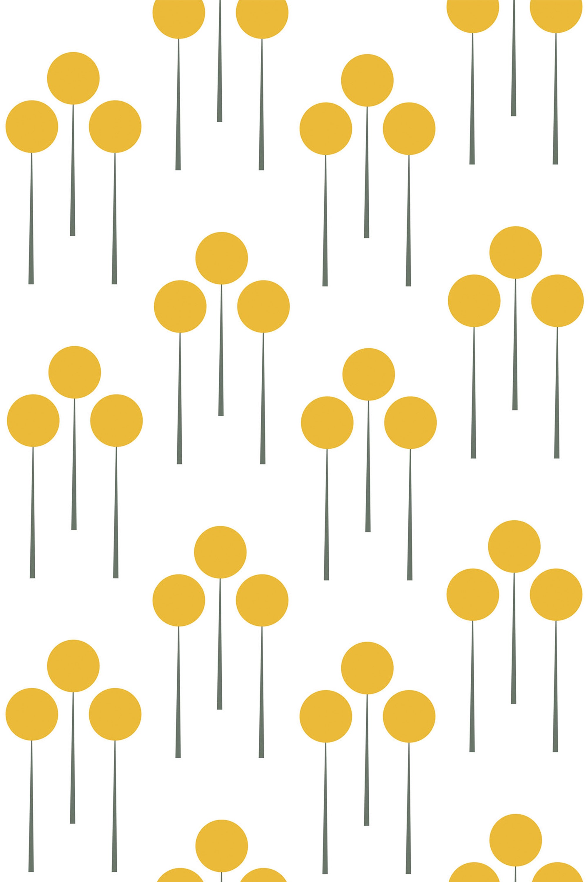 Yellow circular dots on tall, thin green stems form a retro-inspired minimalist floral pattern on a white background, peel and stick removable wallpaper.