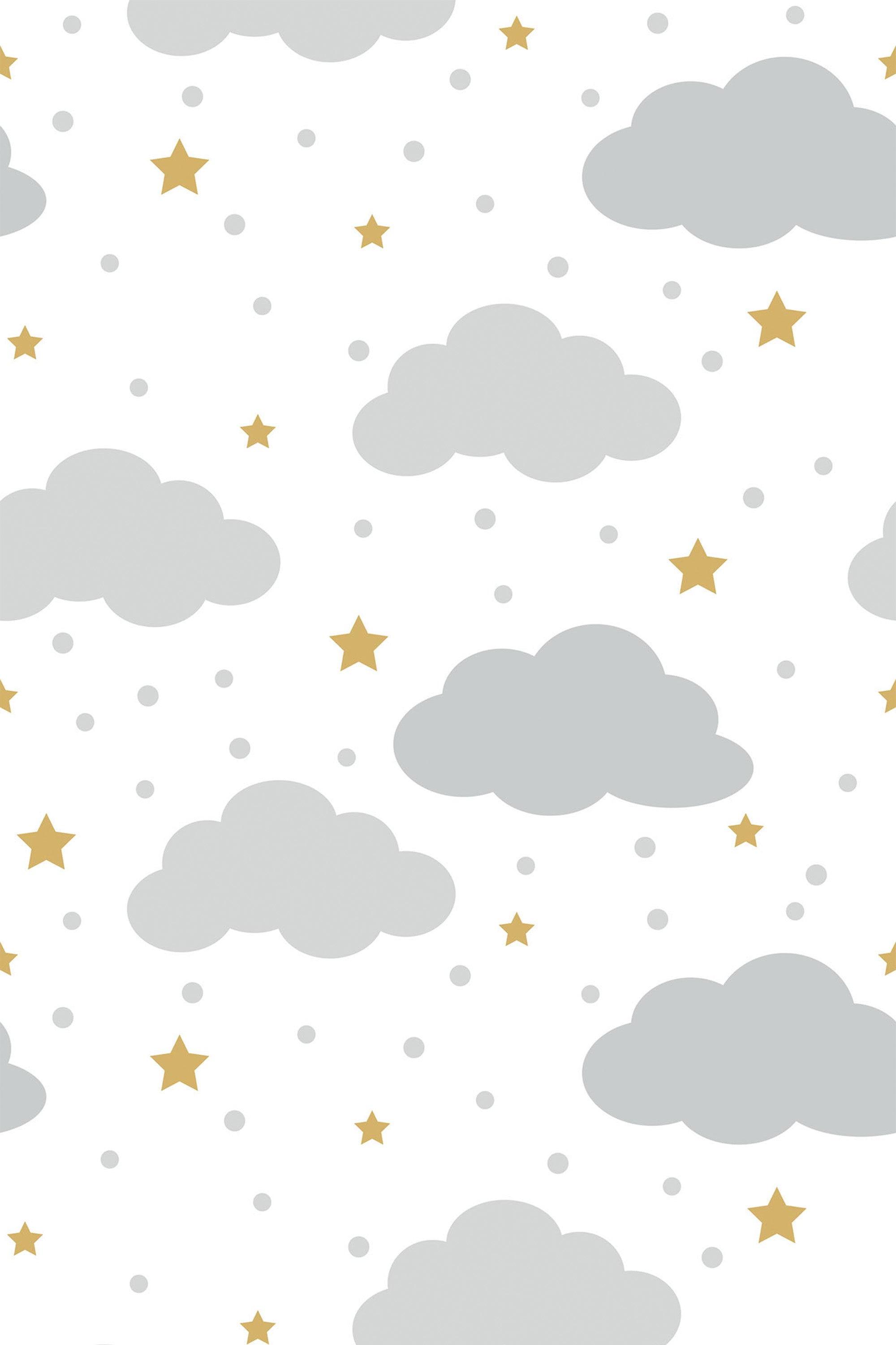 Gray clouds with gold stars and small gray dots on a white background, peel and stick removable wallpaper.