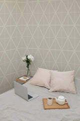 Self-adhesive wallpaper with a Beige Tile design featuring a geometric pattern of intersecting subtle lines forming diamond shapes. The pattern creates a simple, modern look with a soft, neutral color palette.