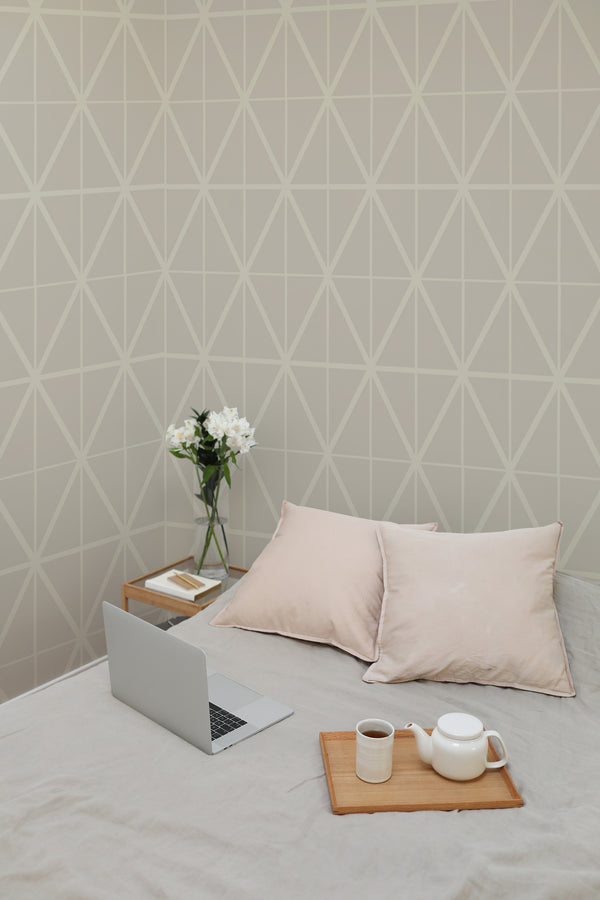 temporary wallpaper beige tile pattern cozy romantic bedroom interior