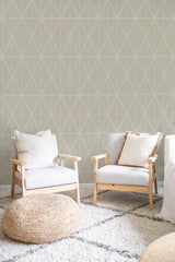 Beige wallpaper with a geometric tile pattern of intersecting lines forming diamond shapes, creating a subtle and elegant texture that enhances the room's aesthetic, traditional wallpaper.