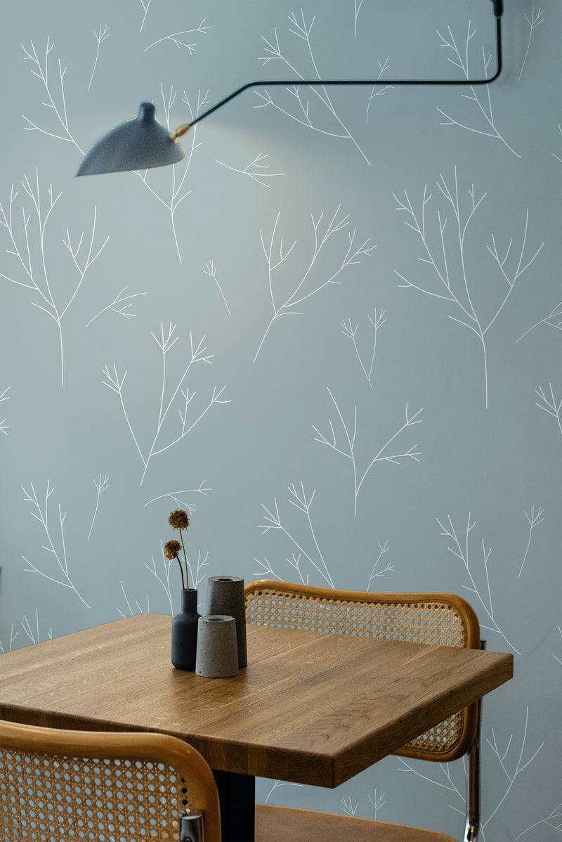 Self-adhesive wallpaper with a Minimal branch design featuring delicate white branches scattered against a soft, muted background.