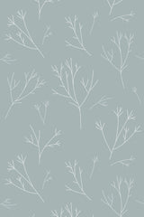 Delicate minimalist branches in white are spaced across a muted sage-green background, creating a clean and simple design for peel and stick removable wallpaper.