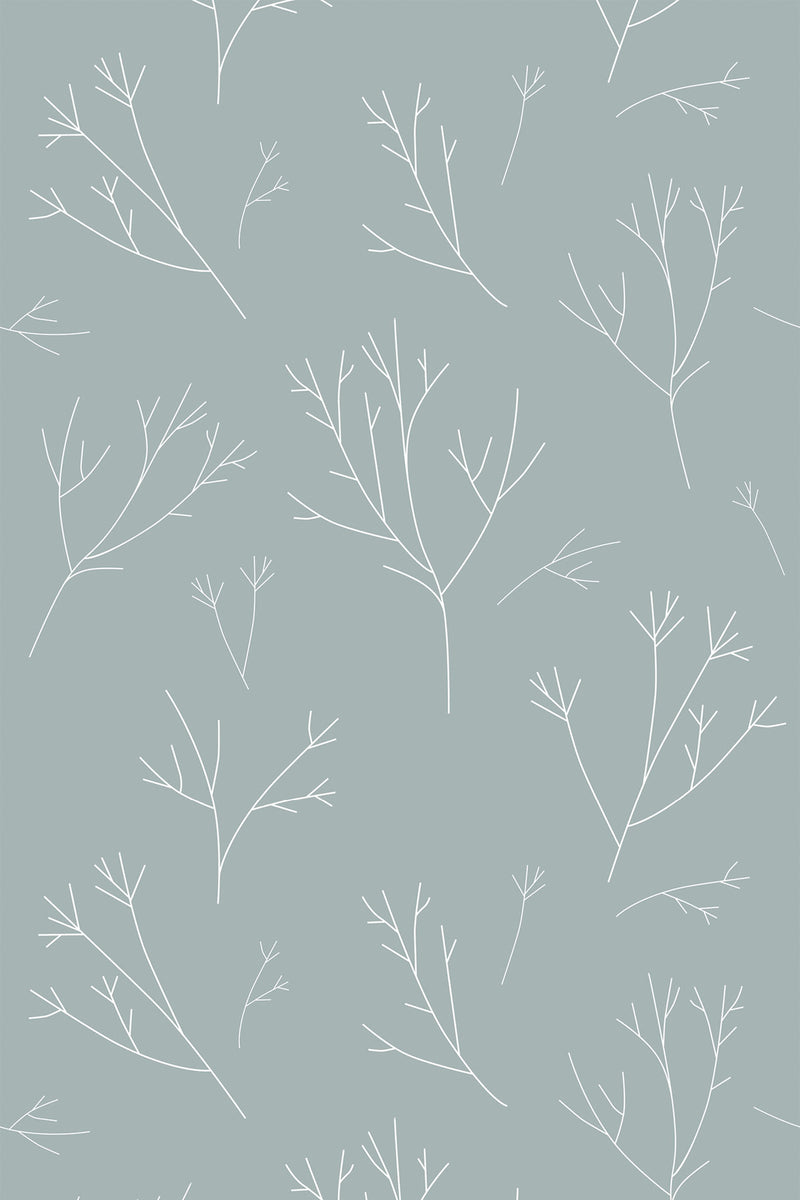 Delicate minimalist branches in white are spaced across a muted sage-green background, creating a clean and simple design for peel and stick removable wallpaper.