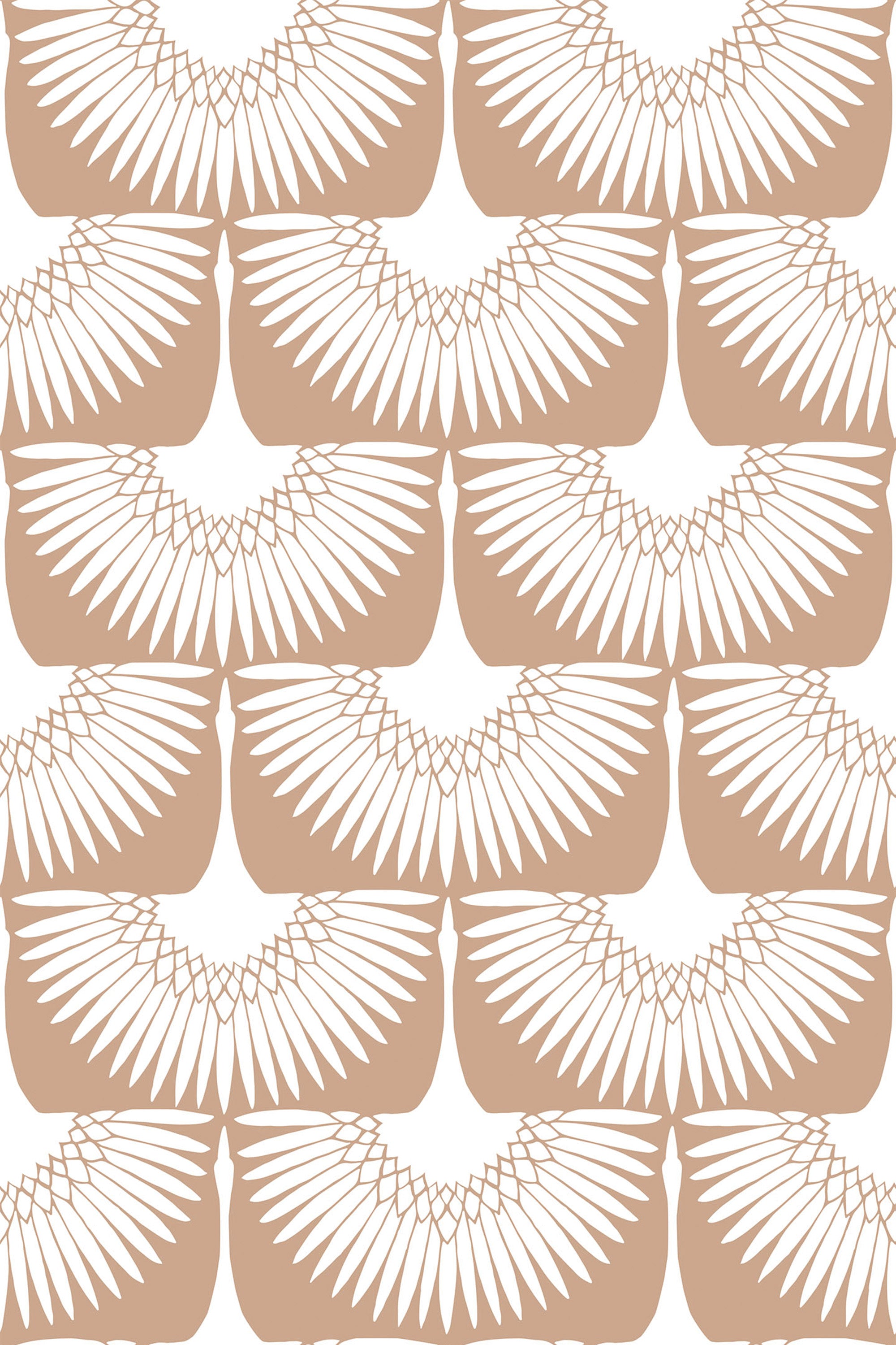 A repeating pattern of stylized swan wings in a symmetrical arrangement with light brown and white colors, creating a modern and elegant design suitable for various interior spaces. Peel and stick removable wallpaper.