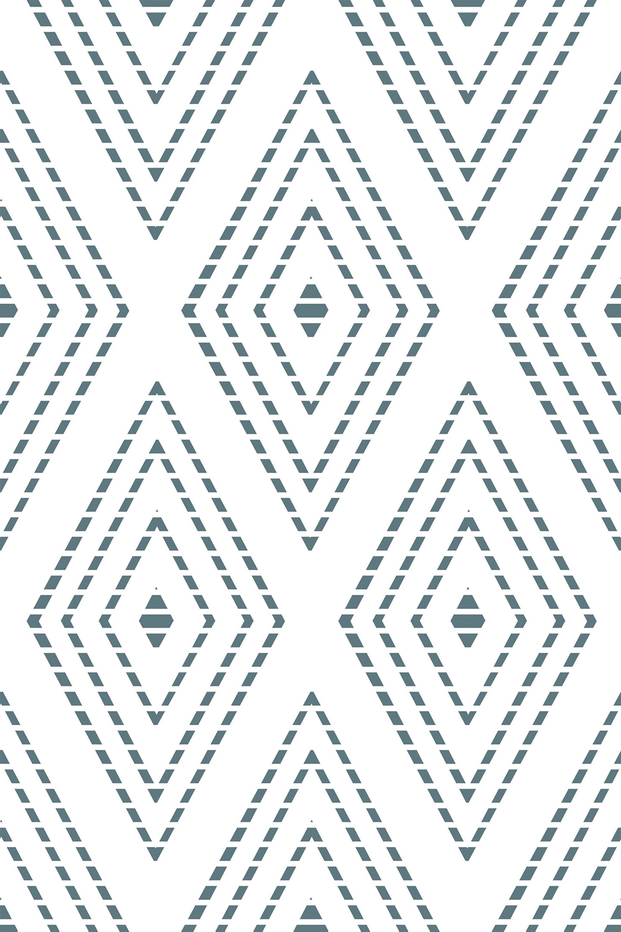 A repeating pattern of dotted rhombus shapes in dark green against a white background. Each rhombus is created with dashed lines, with smaller rhombus shapes nested inside larger ones. Peel and stick removable wallpaper.