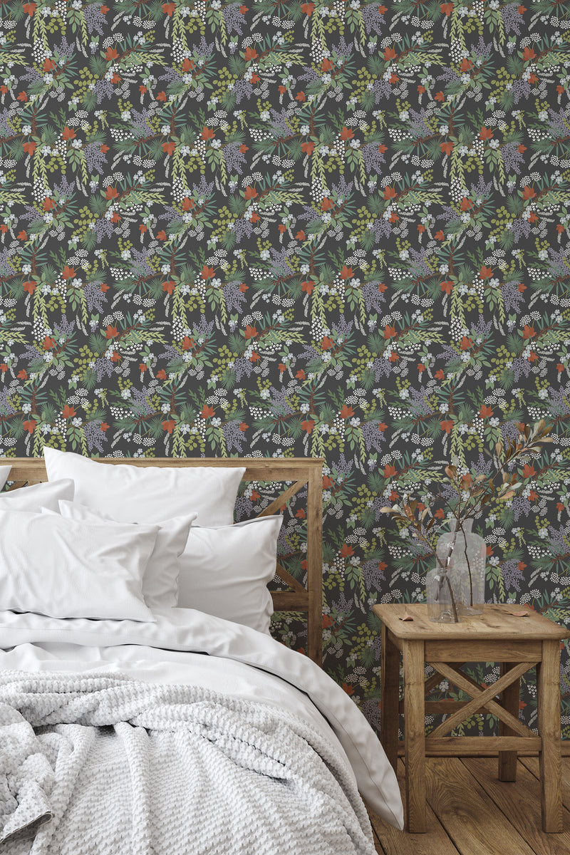 Self-adhesive wallpaper with a dark background adorned with a lively pattern of night flowers, including intricate floral and leafy elements in vibrant shades of green, red, and white. The design adds a bold, nature-inspired element to the bedroom, bringing a rich and cozy atmosphere to the space.