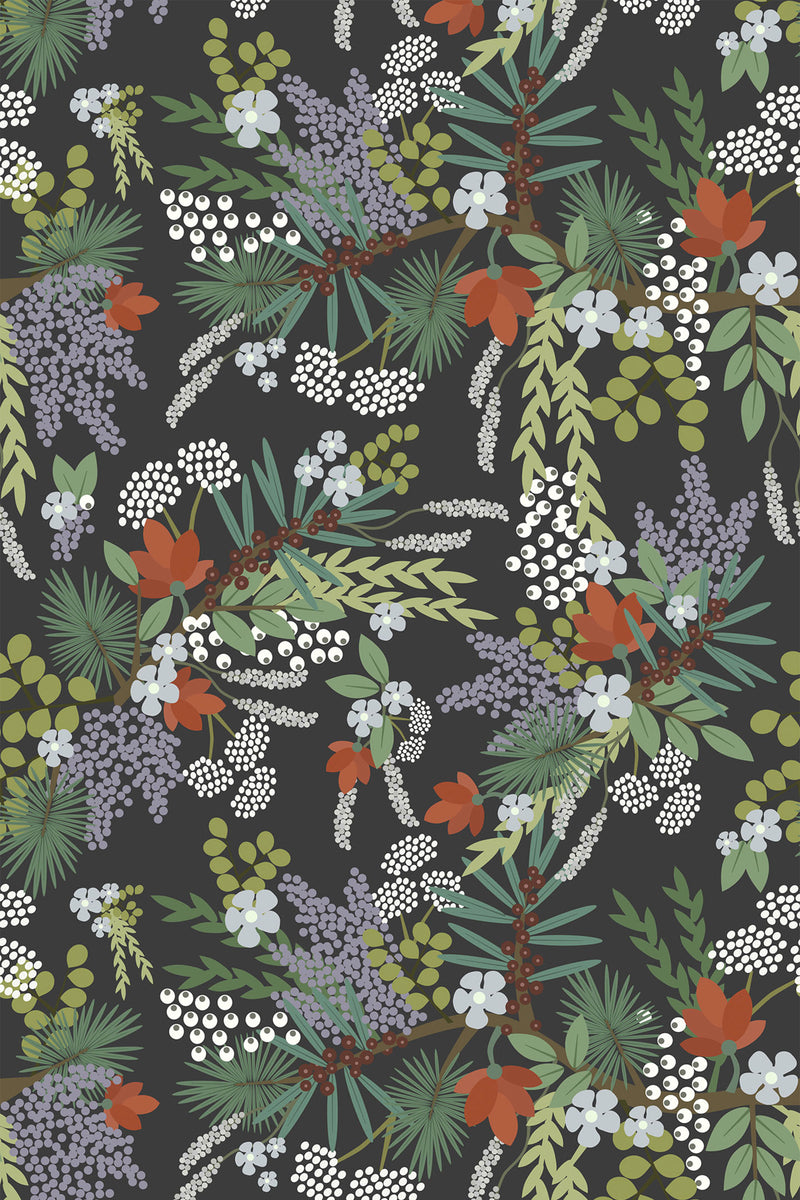 Floral wallpaper with a dark background adorned with vibrant, lush botanical patterns including white, lavender, and red flowers, green leaves, and sprigs accented with berries, creating a rich and lively garden-inspired effect. Peel and stick removable wallpaper.