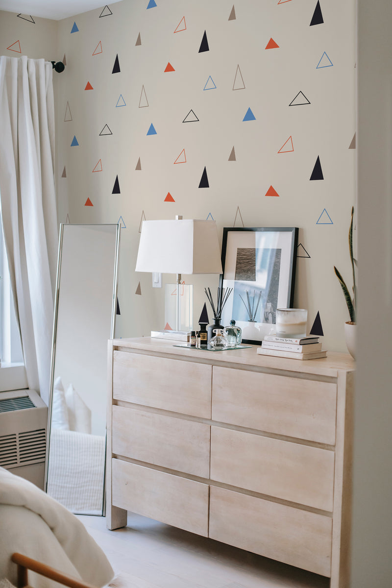         
peel and stick wallpaper triangle accent wall bedroom dresser mirror minimalist interior