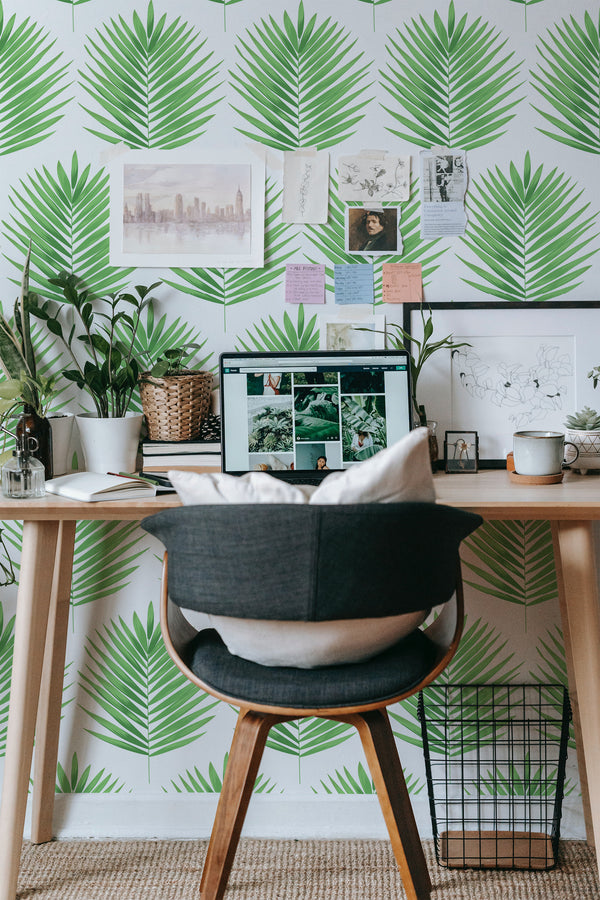 modern home office desk plants posters computer green palm leaf stick on wallpaper