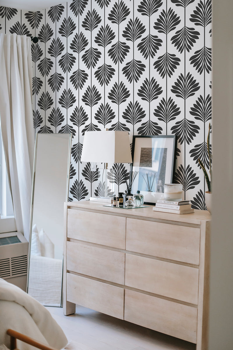         
peel and stick wallpaper leaf accent wall bedroom dresser mirror minimalist interior