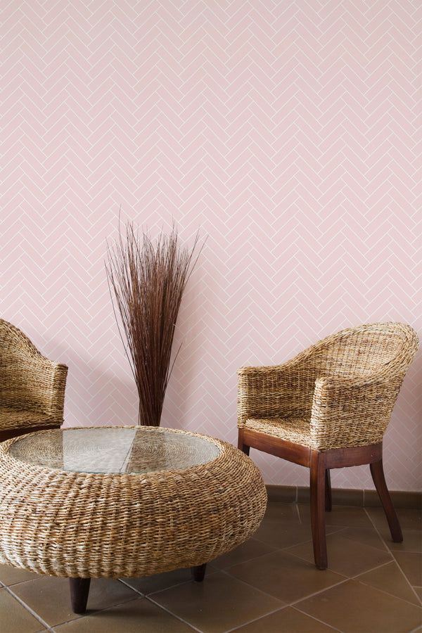 rustic armchairs coffee table lounge pink herringbone pattern interior