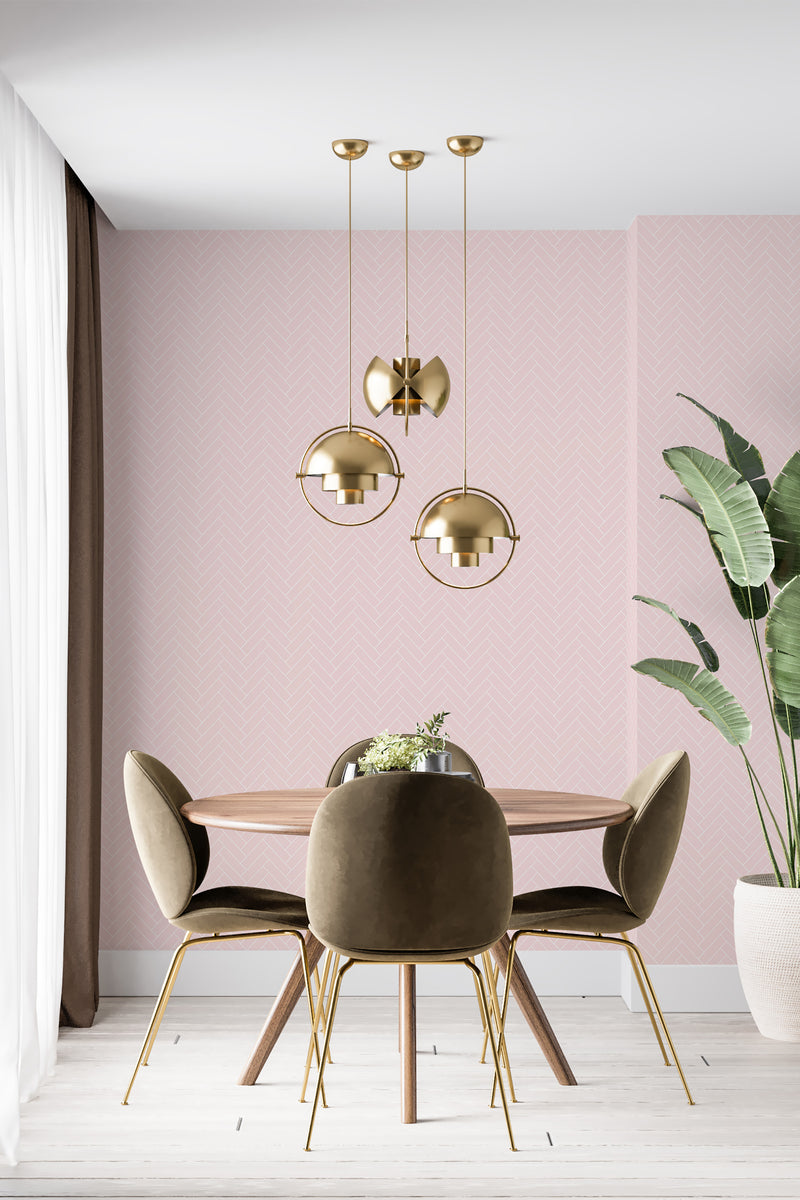 modern dining area velour chair plant pink herringbone accent wall