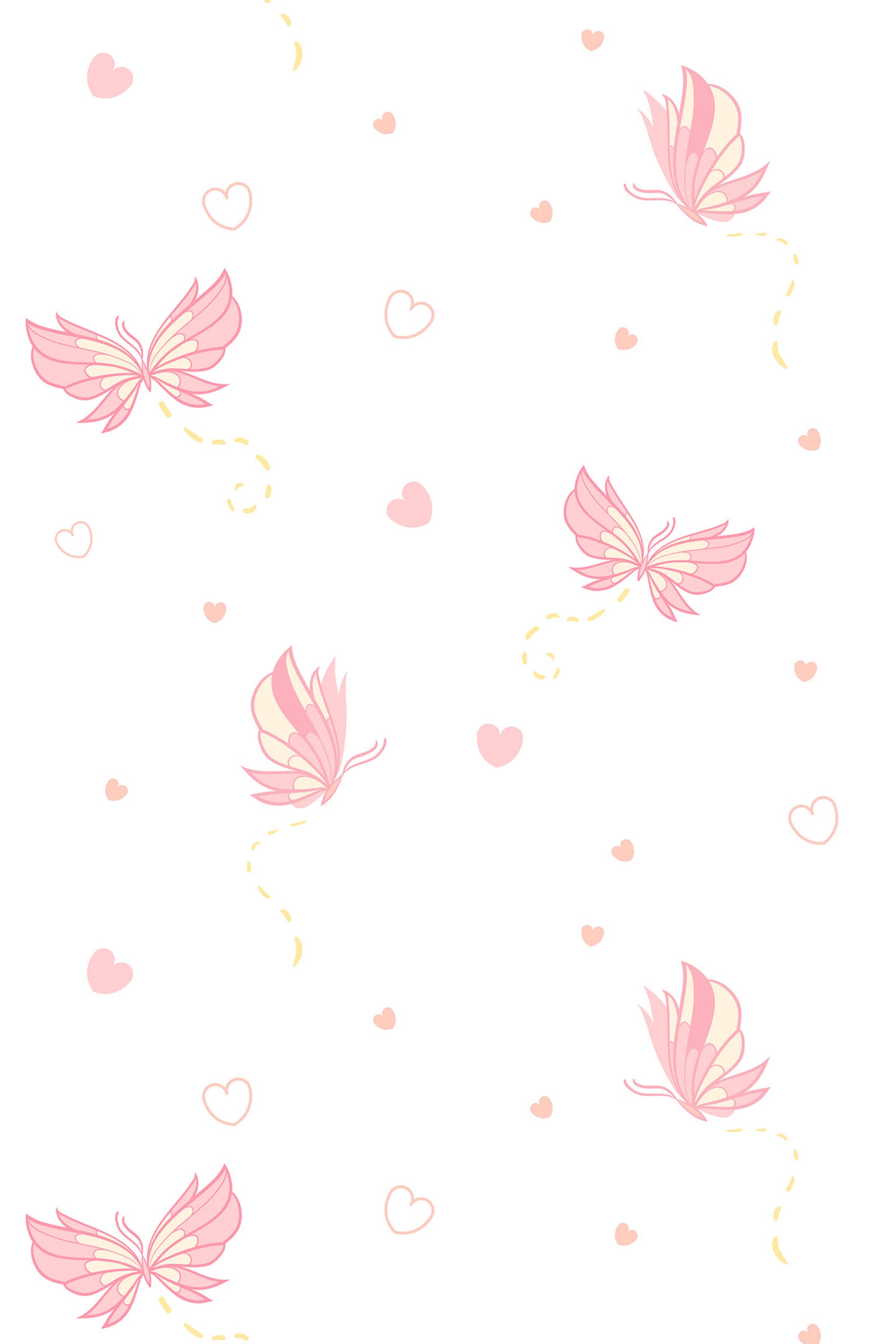 Pink butterflies with delicate wings are dotted across a white background, with small pink hearts scattered around. Light yellow dotted lines trail behind some of the butterflies, adding a whimsical element. Peel and stick removable wallpaper.