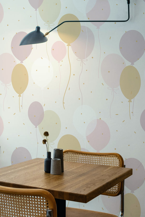 wooden dining table rattan chairs balloons peel and stick wallpaper