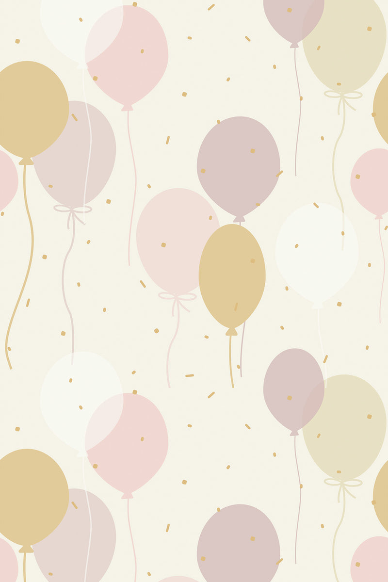 Pastel-colored balloons floating with subtle strings on a light background with small confetti accents, peel and stick removable wallpaper.