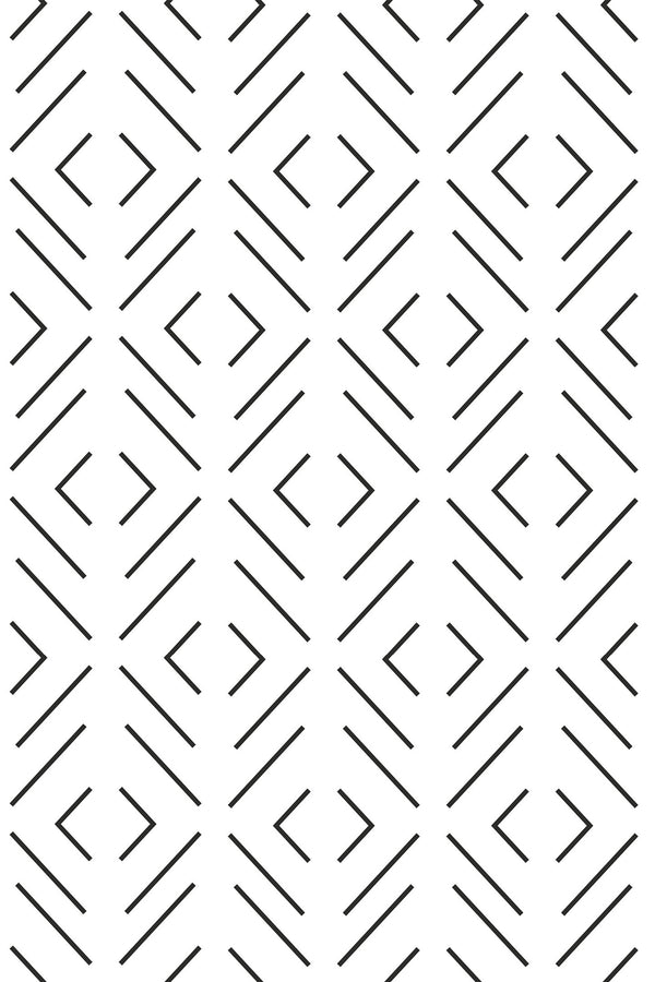 Simple geometric wallpaper with a repeating pattern of black diagonal lines forming diamond shapes on a white background. Peel and stick removable wallpaper.