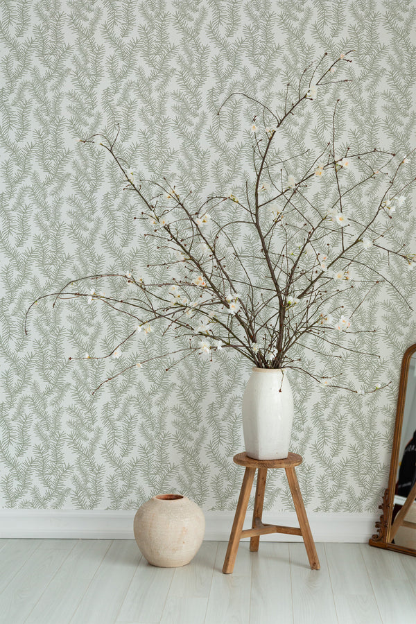 decorative plant vase wooden stool living room pine tree branches decor