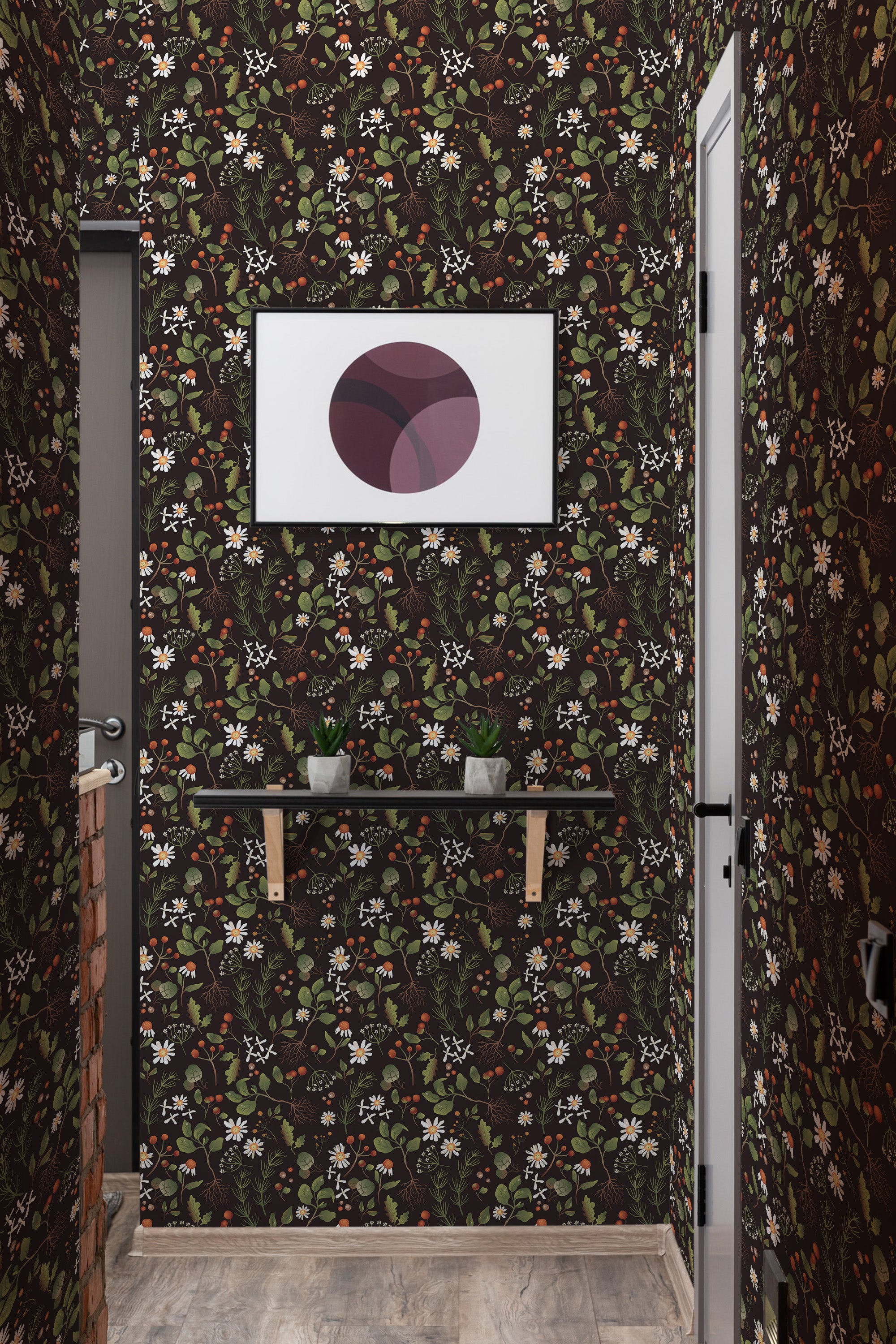 Dark floral autumn wallpaper with a rich black background adorned with intricate patterns of leaves, flowers, and berries in muted tones of green, white, and red, creating a cozy and elegant atmosphere,raditional wallpaper.