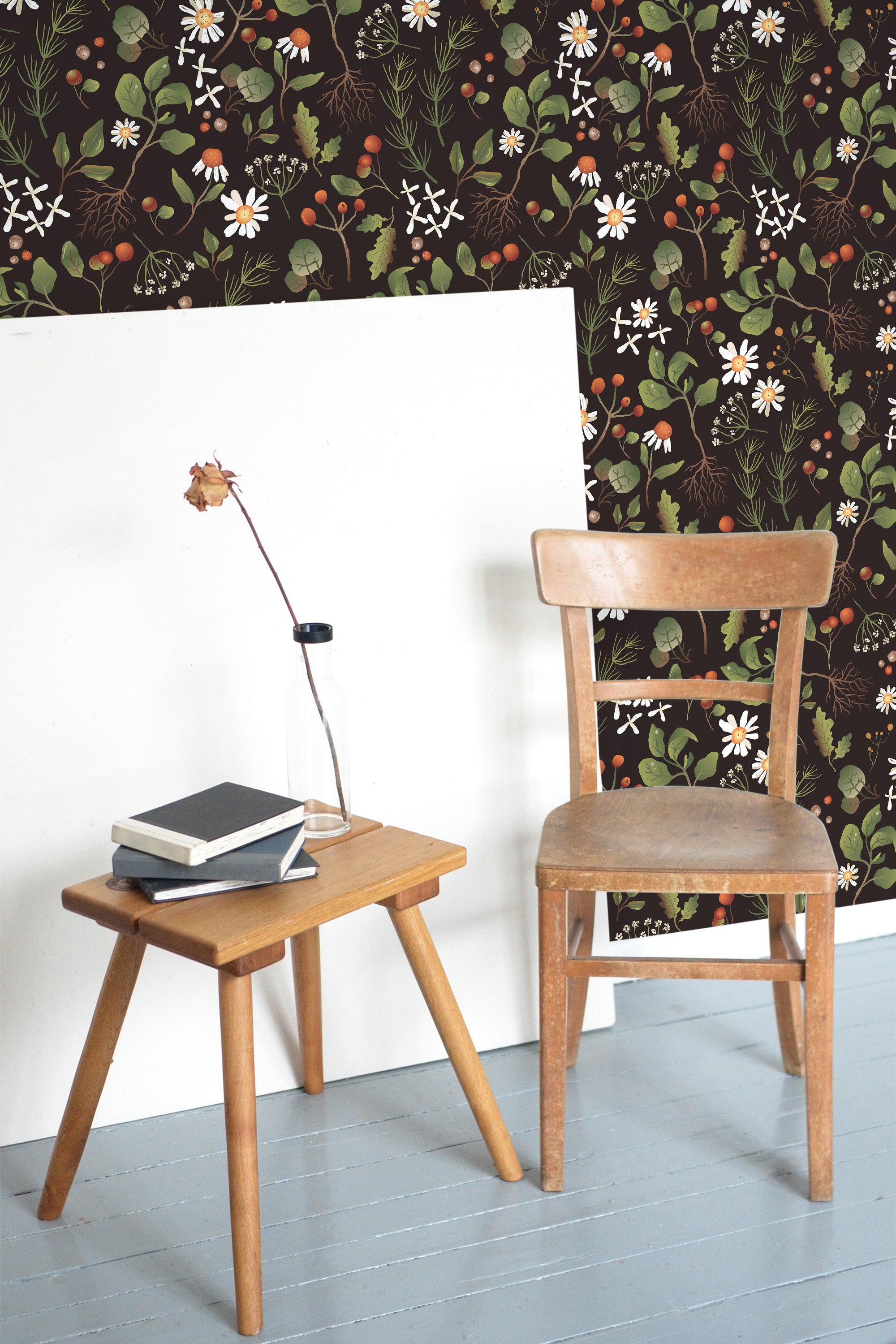 Self-adhesive dark floral autumn wallpaper with a pattern of vivid flowers, leaves, and berries against a deep brown background.