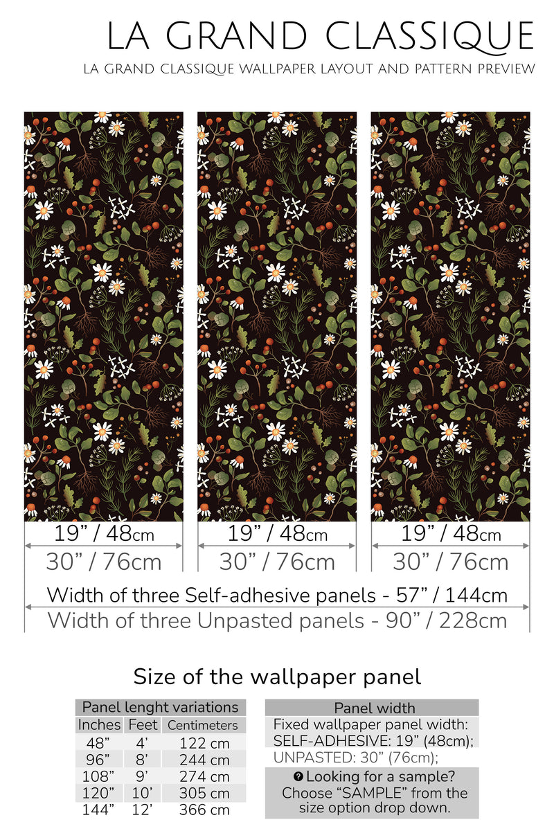 dark floral autumn peel and stick wallpaper specifiation