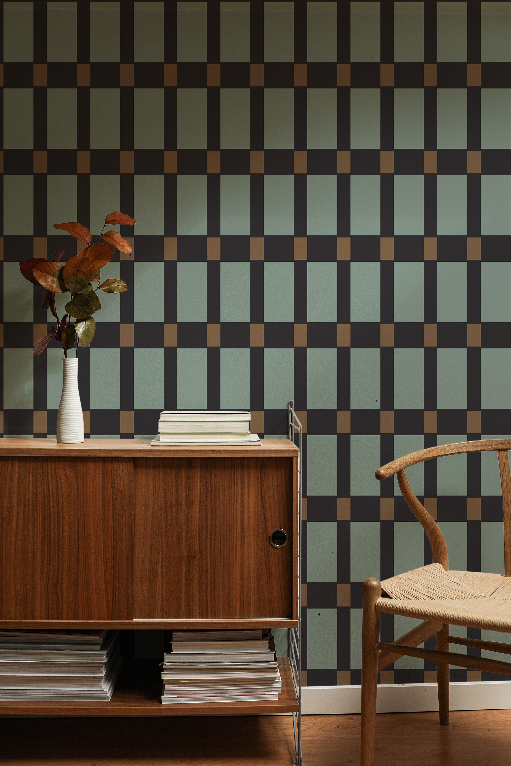 Self-adhesive dark blue geometric wallpaper with a grid pattern featuring alternating squares of blue and brown, adding a modern, sophisticated touch to the room's decor.