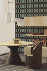 living room dining table wooden furniture light dark blue geometric wall paper peel and stick
