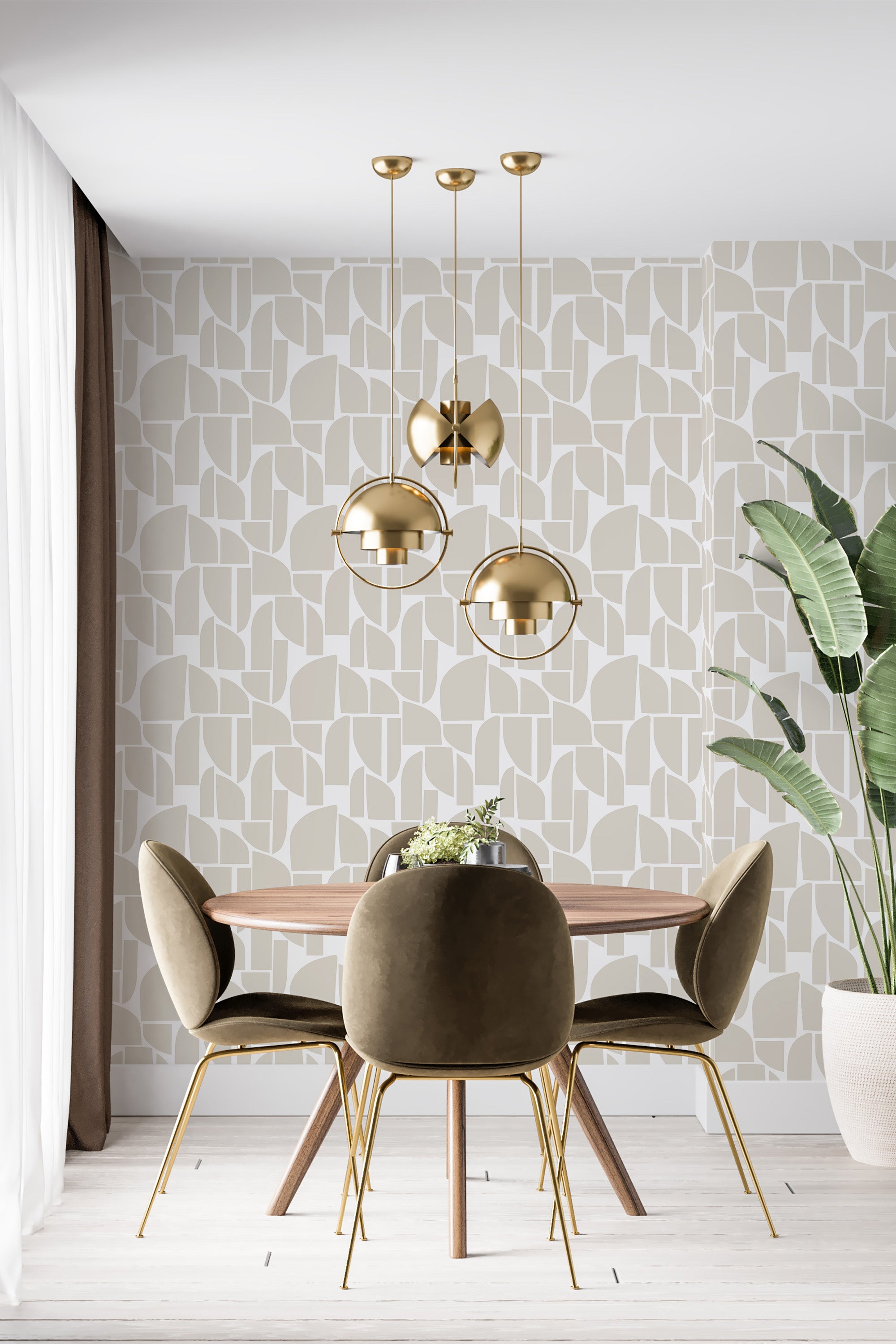 Wallpaper with an abstract shape design in beige and soft cream tones, creating a modern and geometric aesthetic. The room also has elegant pendant lighting, green textured chairs, and a leafy indoor plant, complementing the traditional wallpaper.