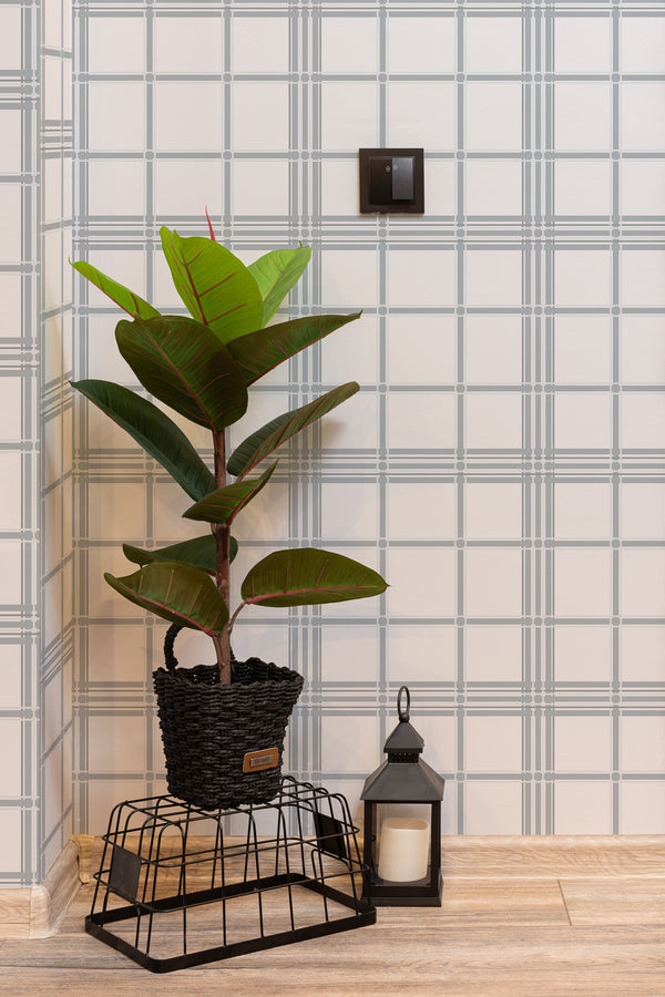 hallway interior green plant black lantern plaid temporary wallpaper