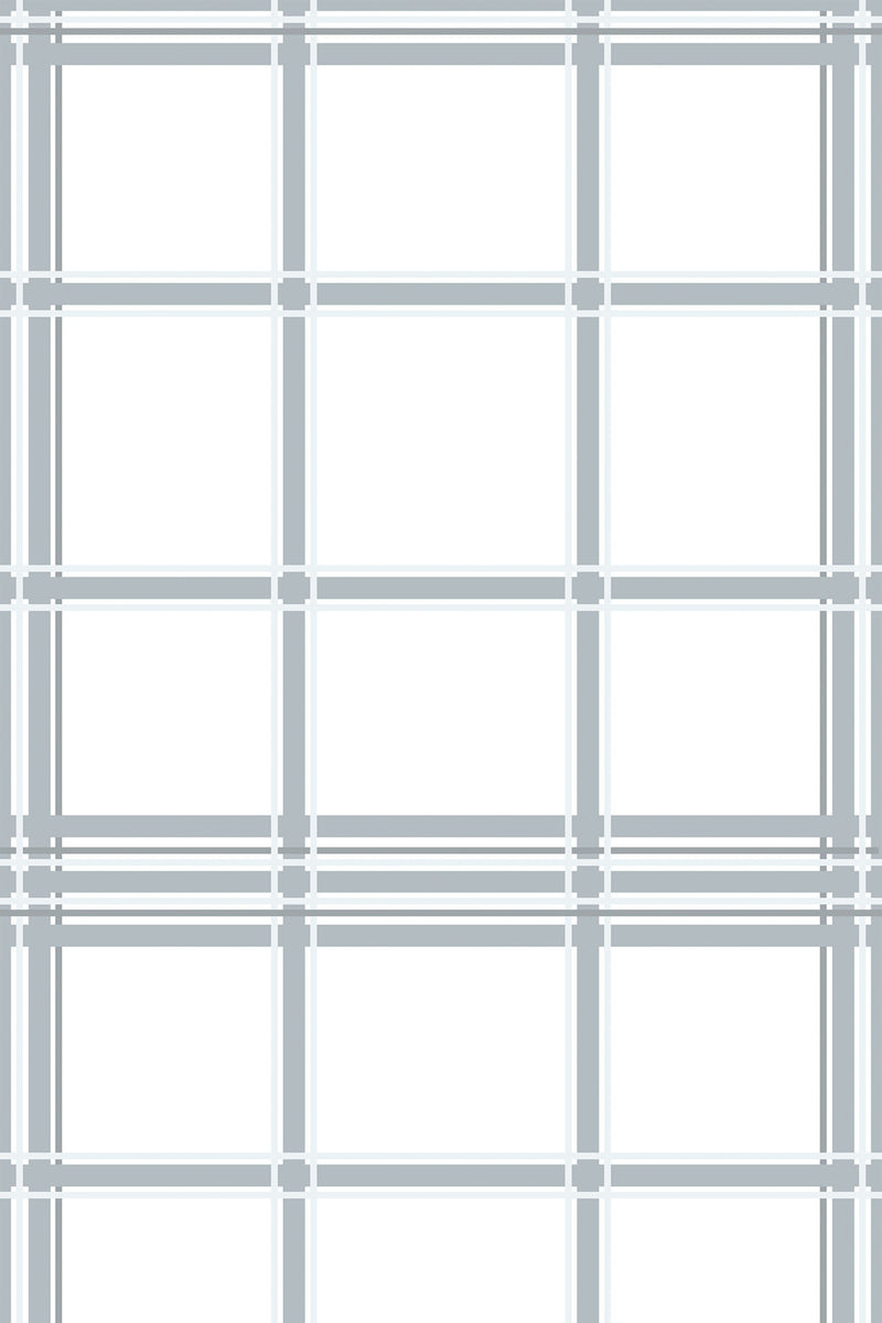 A plaid pattern with intersecting thin grey lines, forming evenly spaced squares on a white background. Peel and stick removable wallpaper.