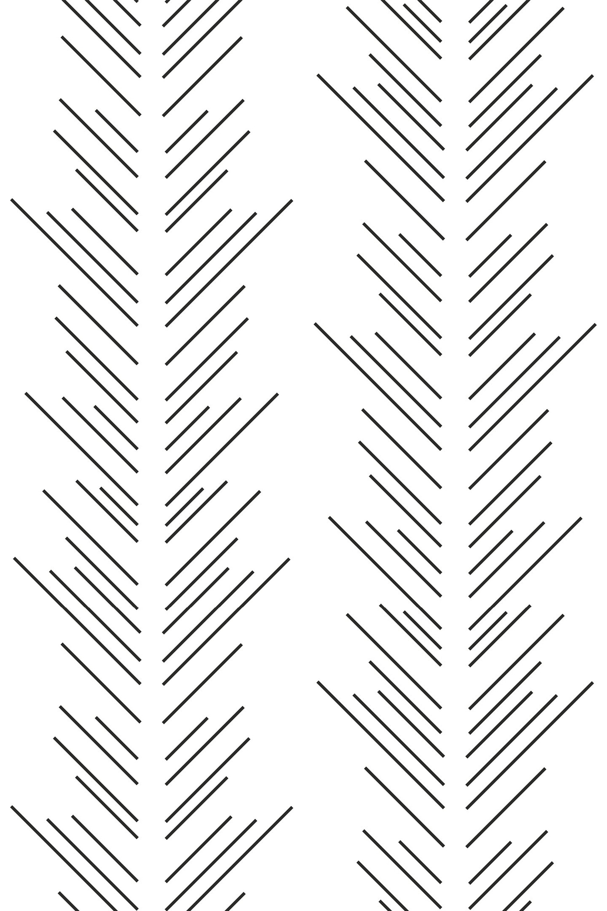 Black, thin diagonal lines are arranged in a repeating herringbone pattern on a white background, creating a minimalist and modern aesthetic. Peel and stick removable wallpaper.
