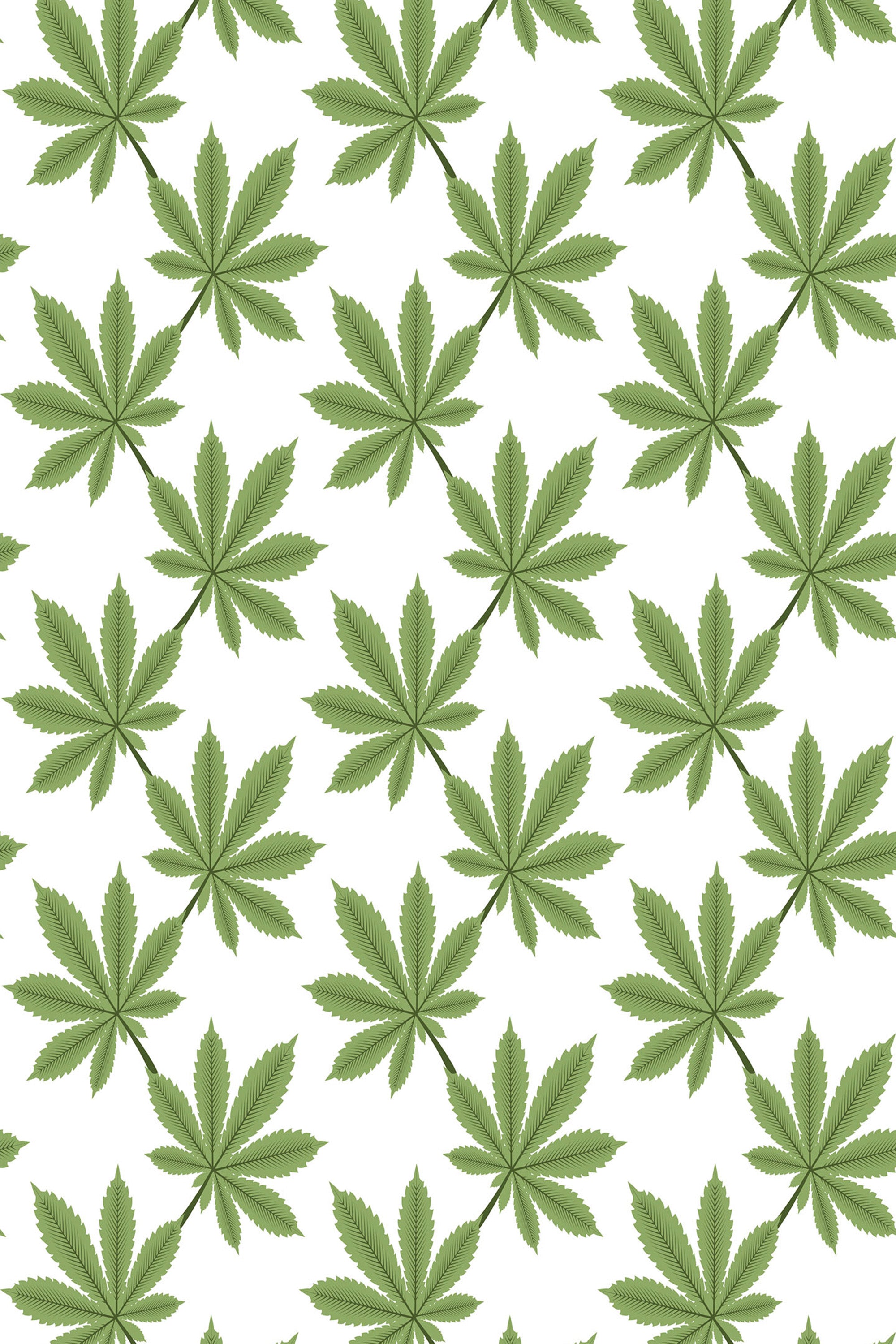 Green leaves pattern with overlapping leaves against a white background. Peel and stick removable wallpaper.