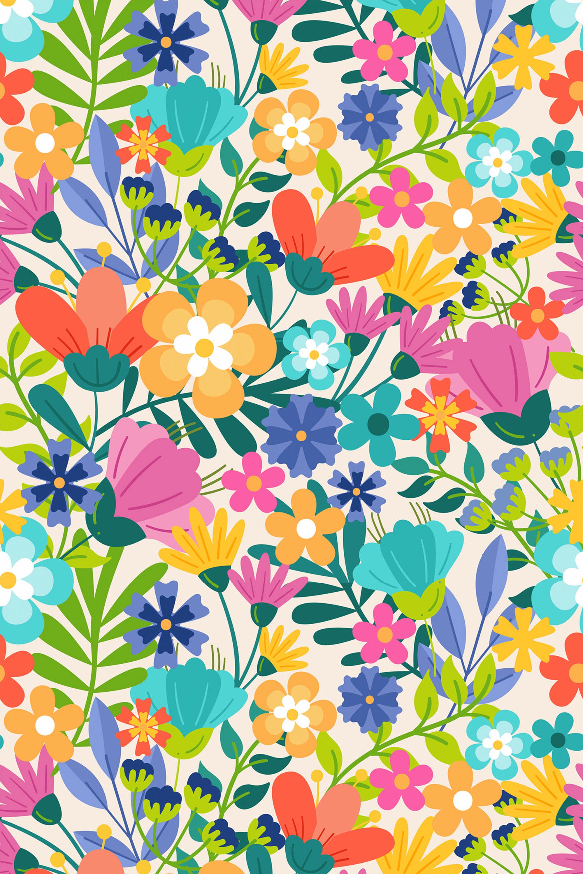 Vibrant, multicolored floral pattern with assorted flowers in shades of pink, orange, yellow, blue, and green, set against a light background. The diverse and lively arrangement of blossoms and leaves creates a cheerful and summery ambiance. Peel and stick removable wallpaper.