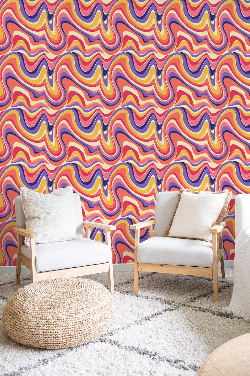 cozy living room soft armchairs pillows psychedelic wall decor