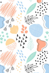 Abstract Bohemian wallpaper design with colorful geometric shapes, including wavy lines, dots, leaves, and organic shapes in shades of blue, orange, green, and black. Peel and stick removable wallpaper.