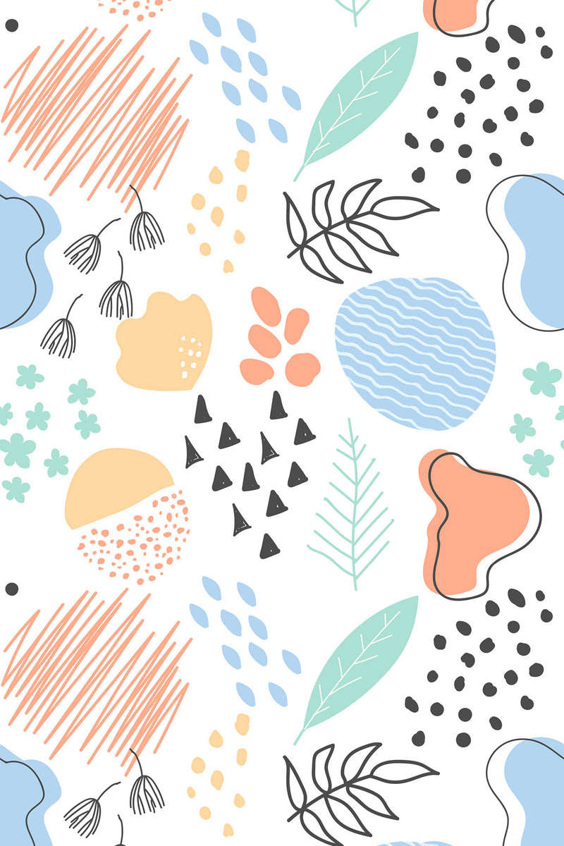 Abstract Bohemian wallpaper design with colorful geometric shapes, including wavy lines, dots, leaves, and organic shapes in shades of blue, orange, green, and black. Peel and stick removable wallpaper.