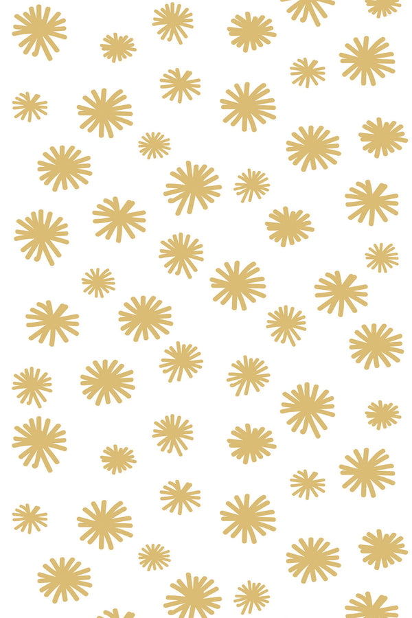A repeating pattern of golden, abstract floral shapes scattered on a white background, peel and stick removable wallpaper.